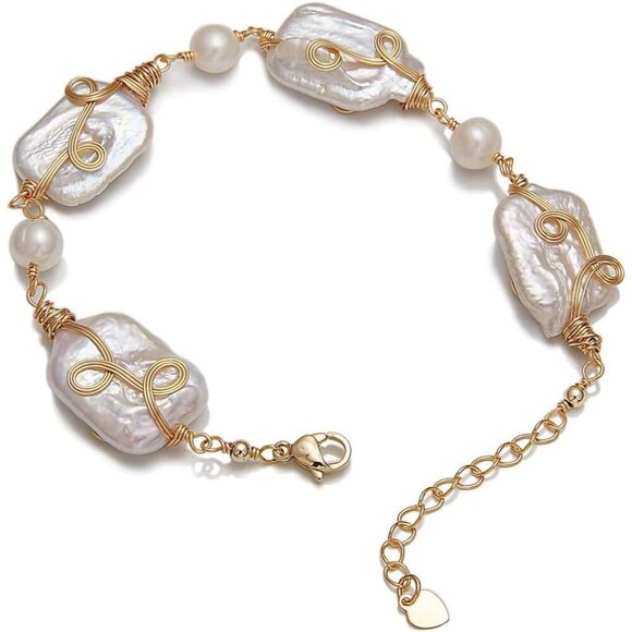 Red Lychee Baroque Pearl Bracelet for Women Gold Filled Stretch Gift for Mom - Picture 2 of 9